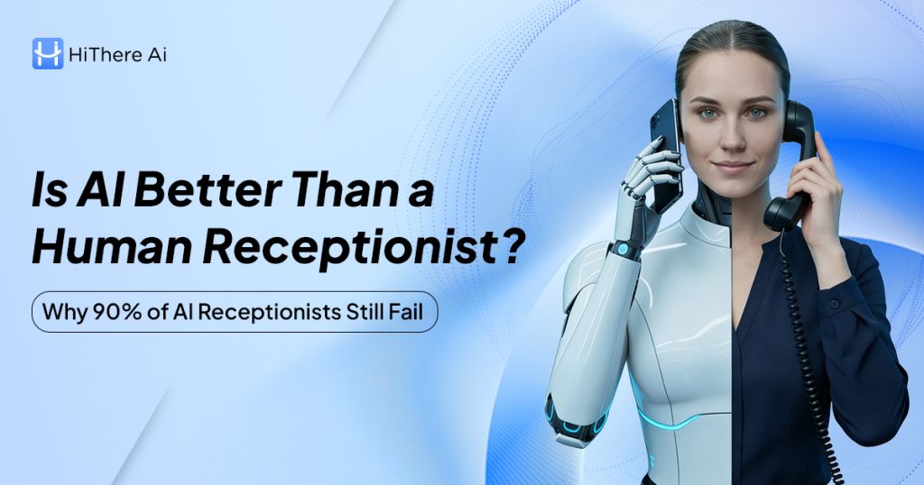 Side-by-side comparison of a human receptionist placing a caller on hold versus HiThere AI identifying a caller before the call connects, illustrating native AI vs integrated AI receptionist systems in Australia